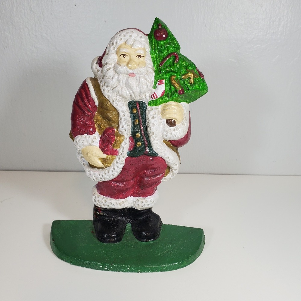 Vintage Cast Iron Santa Door Stop 8" Figure Christmas Tree Holiday Decoration